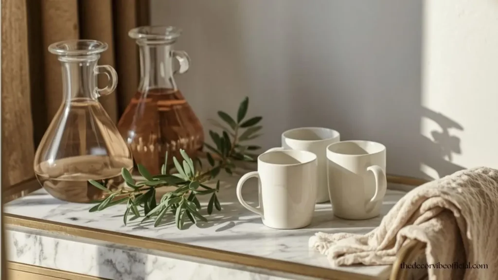 Luxury coffee cart ideas for home with a marble tray, glass syrup bottles, ceramic mugs, natural wood accents, and elegant modern decor.