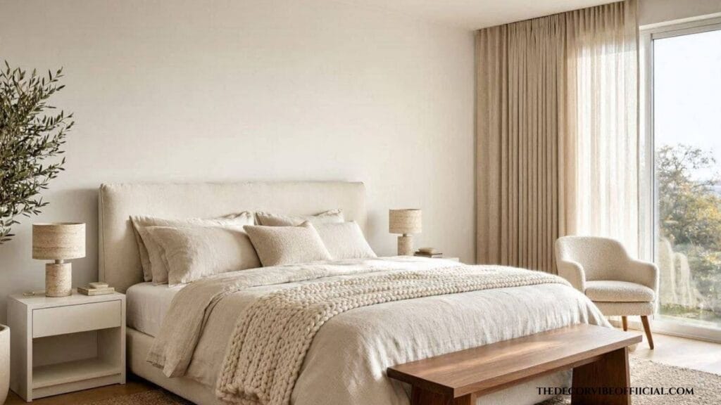 Luxury cozy minimalist bedroom with layered linen bedding, oak furniture, and warm neutral decor.