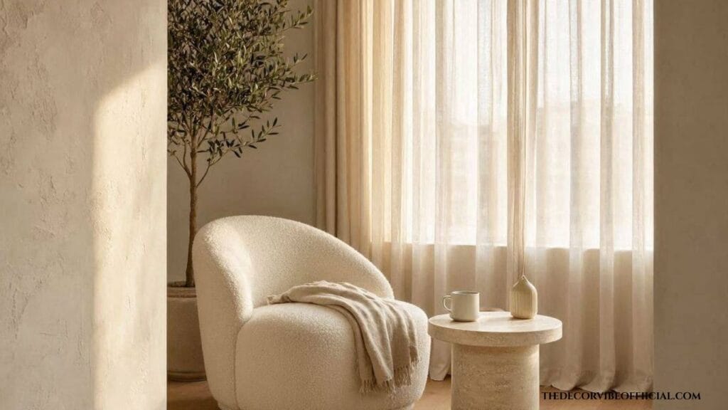 Minimalist bedroom reading corner with boucle chair, natural light, and warm neutral decor.