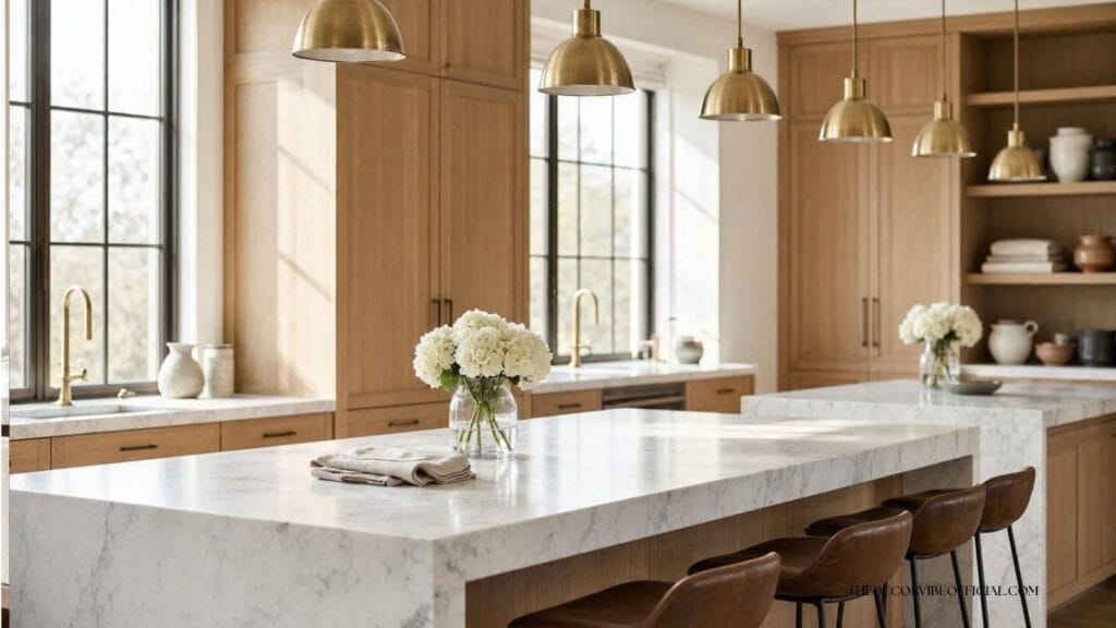 Luxury double kitchen island with marble countertops and brass pendant lights.