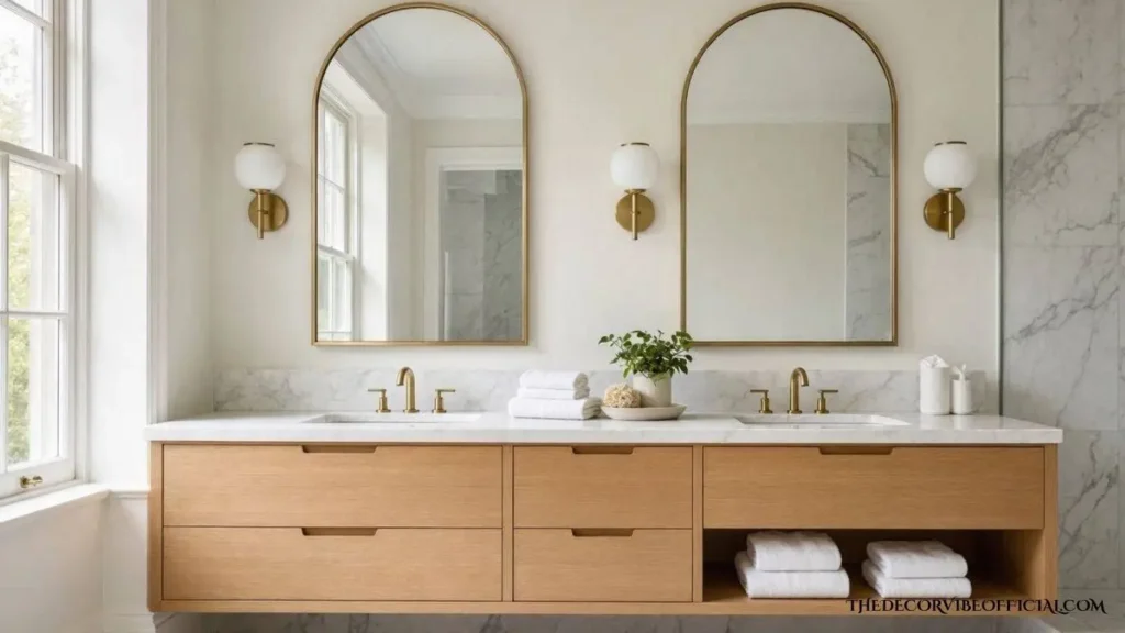 Luxury bathroom with a floating double vanity, marble countertop, and elegant brass lighting.
