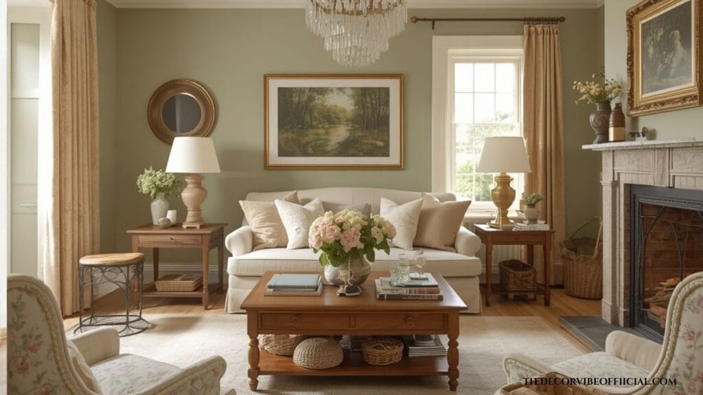 Luxury English cottage living room with vintage furniture and layered cozy decor.