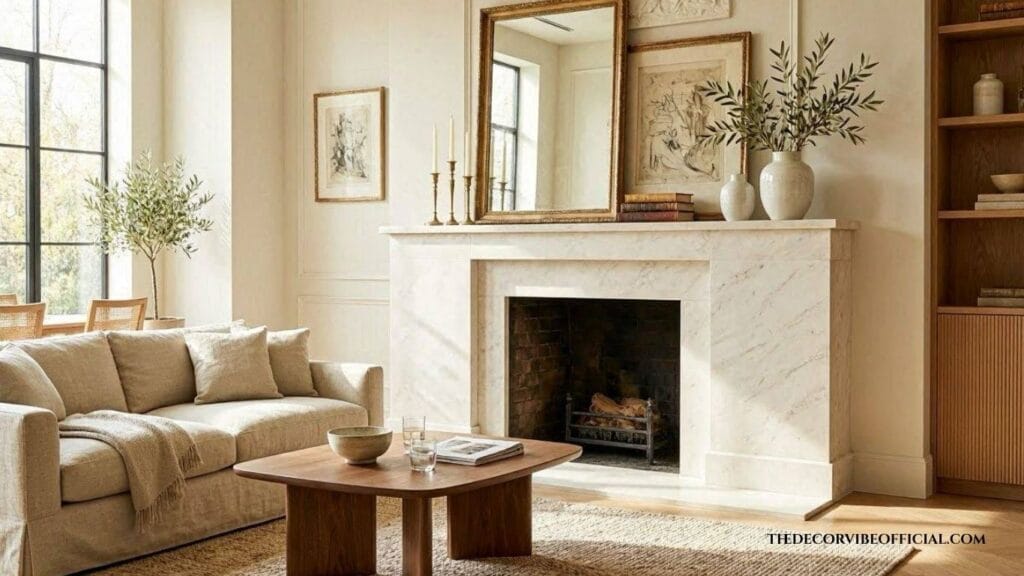 Luxury fireplace mantel decorated with neutral vases, candles, greenery, and timeless seasonal home decor.