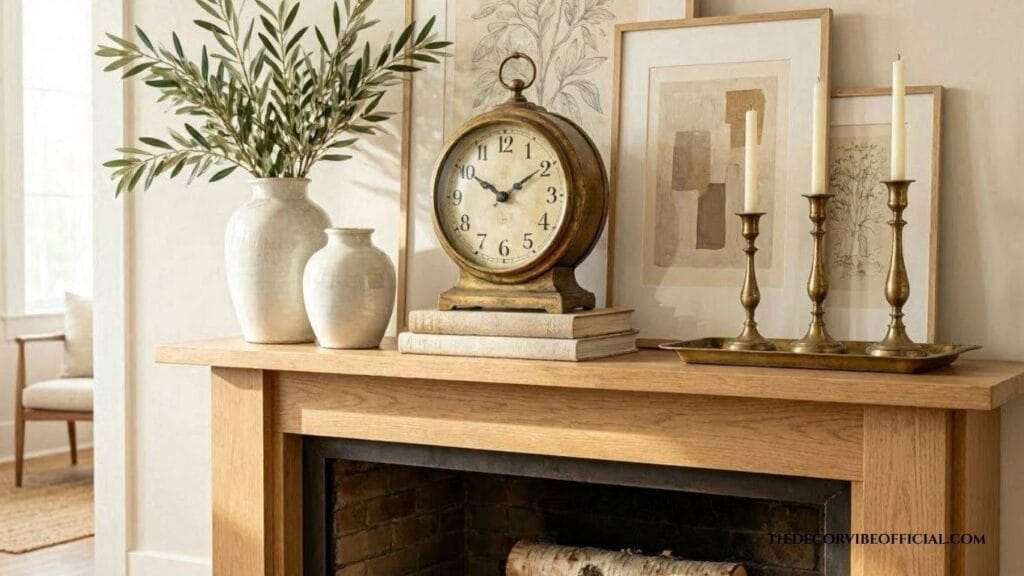 Elegant fireplace mantel decorated with a vintage clock, ceramic vases, brass candlesticks, books, and timeless seasonal decor.