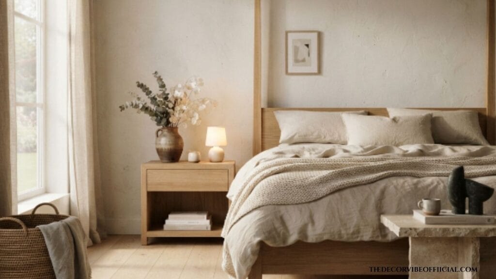 Minimalist bedroom featuring handmade ceramic decor and warm natural textures.