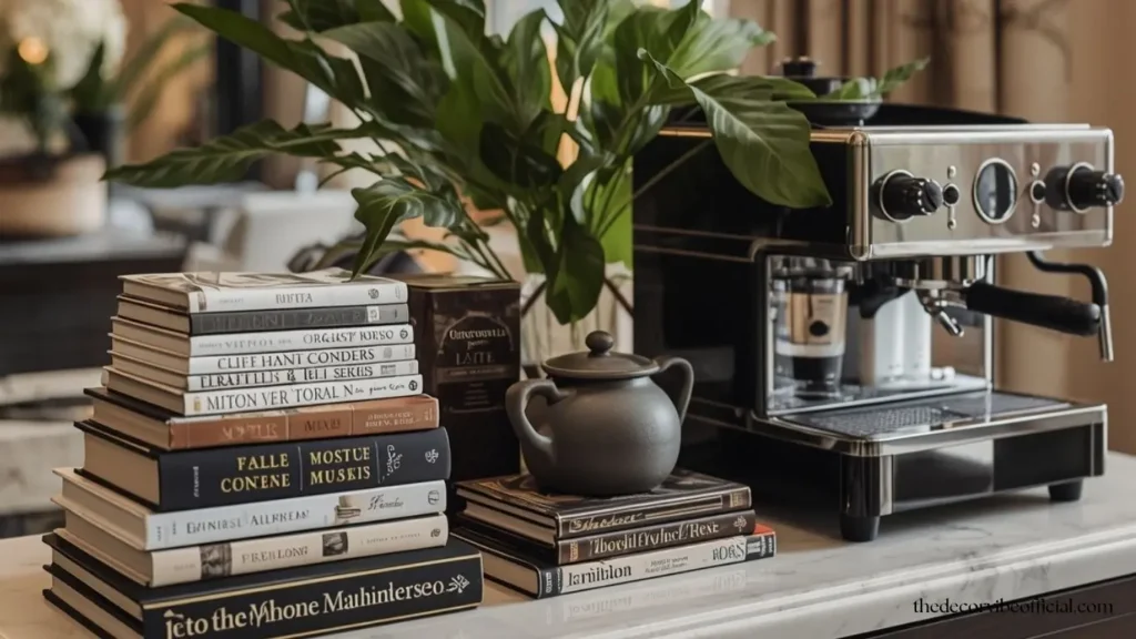 Luxury home coffee bar design with an espresso machine, coffee table books, greenery, marble countertop, and warm lighting for a stylish modern look.