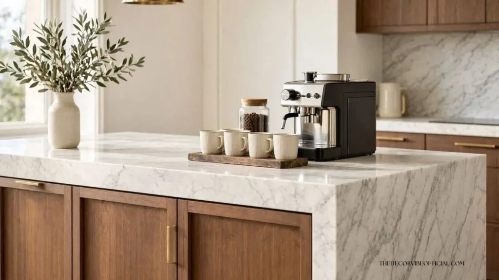 Luxury kitchen island with an elegant coffee station and marble countertop.