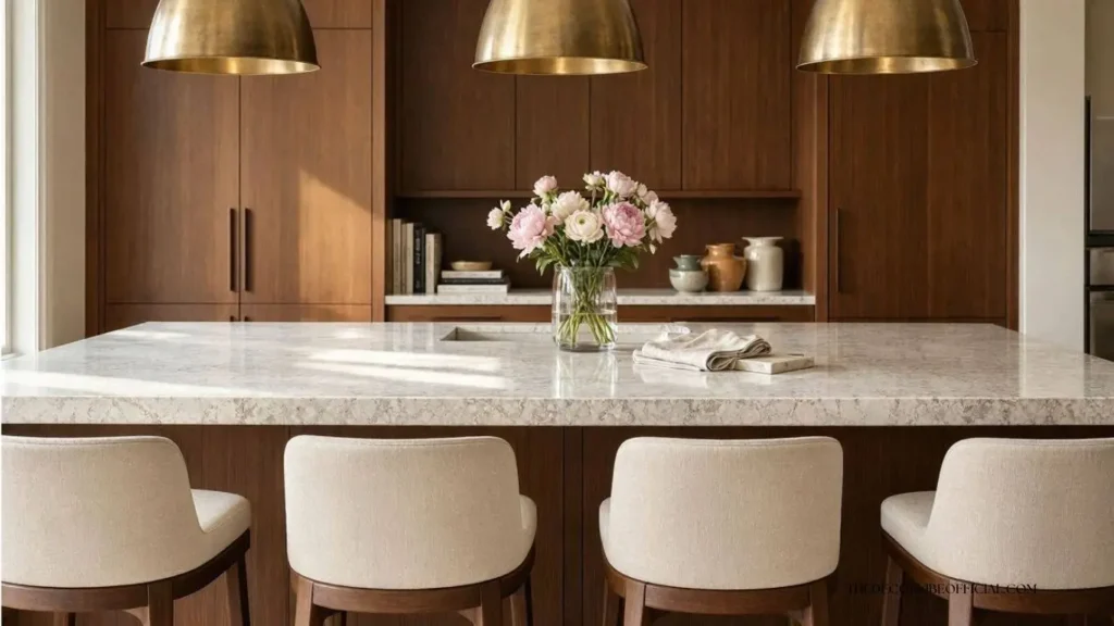 Luxury kitchen island with upholstered seating and elegant pendant lighting.