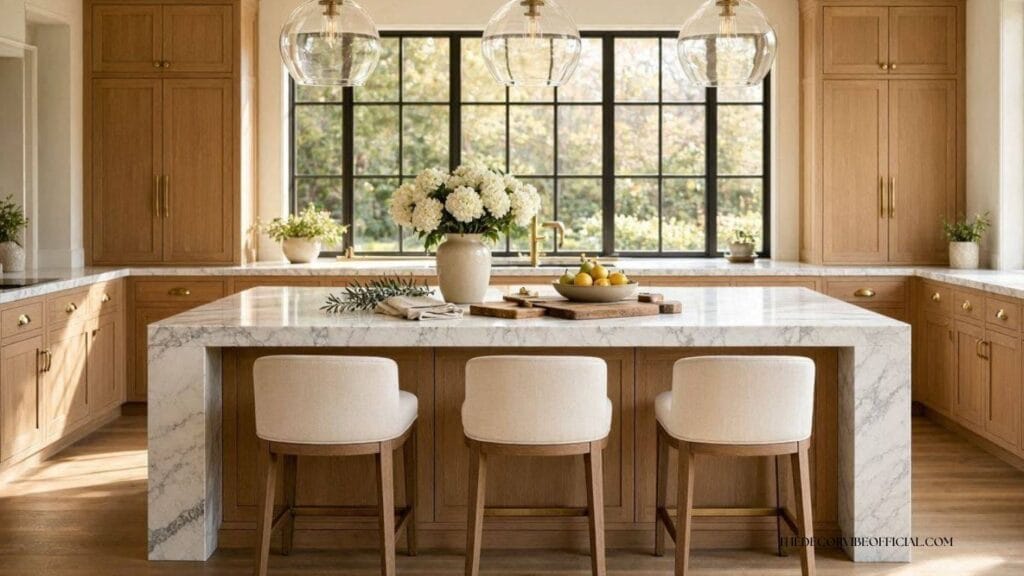 Luxury kitchen island featuring a white marble waterfall countertop, warm oak shaker cabinets, brass pendant lights, upholstered bar stools, and timeless English-inspired designer styling.