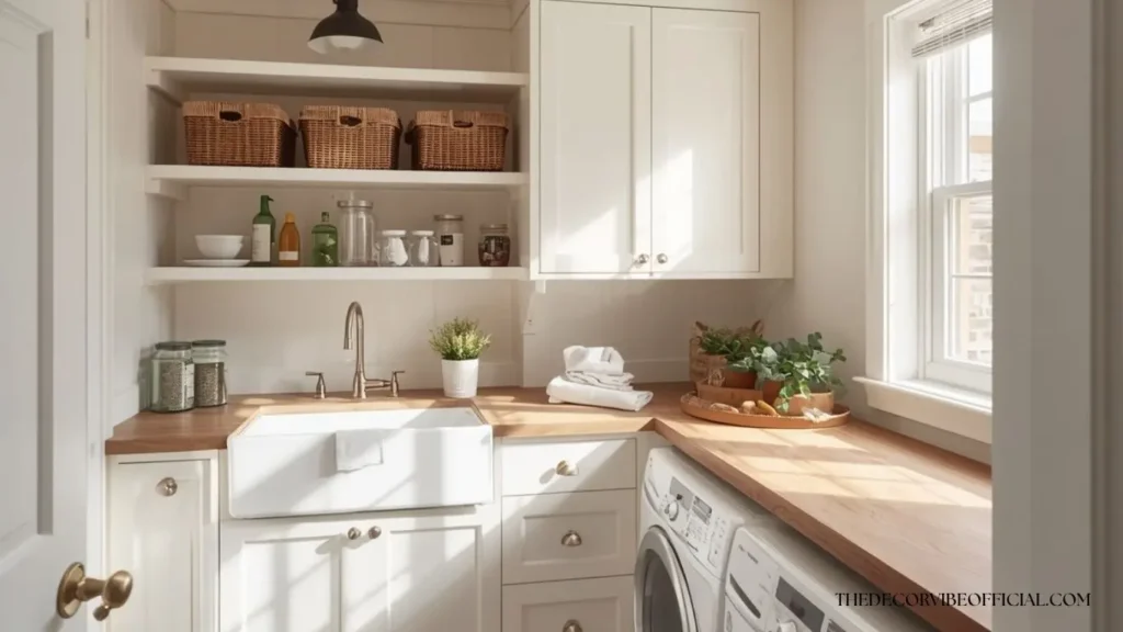 Luxury laundry room ideas with a farmhouse apron sink and open shelving