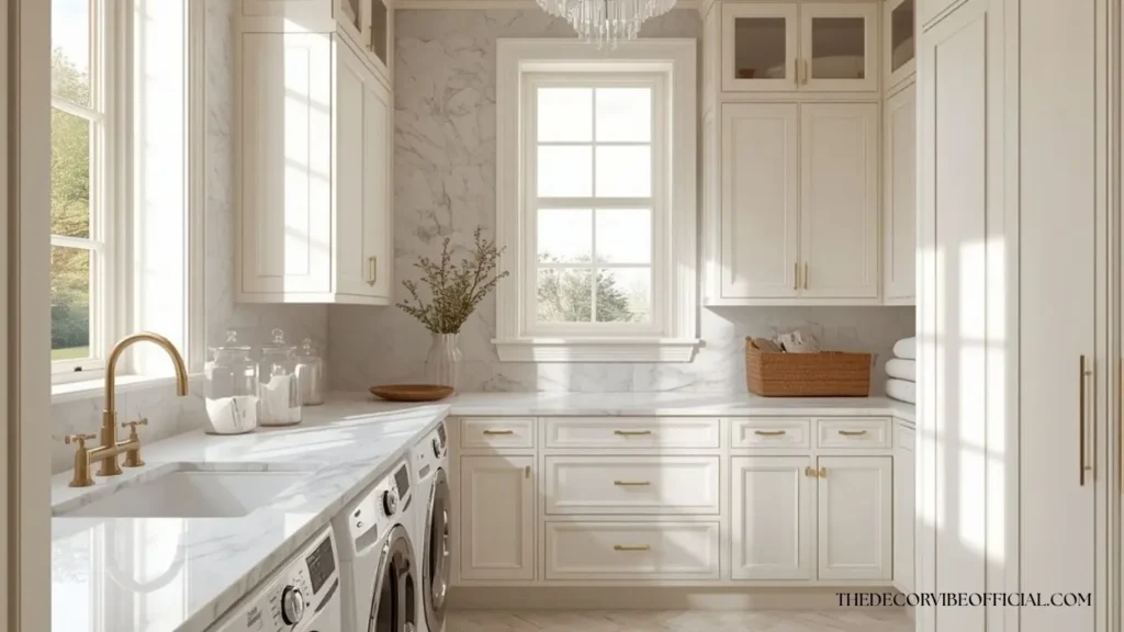 Luxury laundry room ideas with Carrara marble countertop and brass hardware