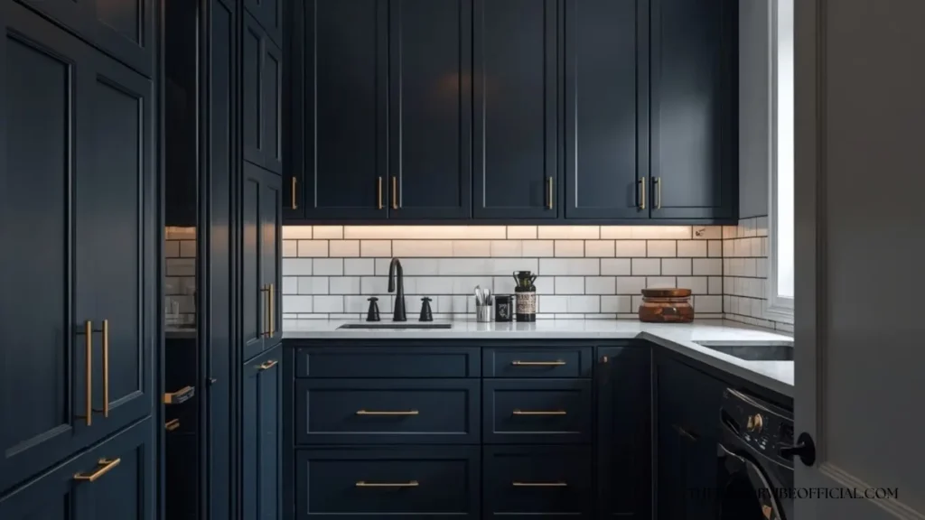 Luxury laundry room ideas with navy cabinetry and brass hardware