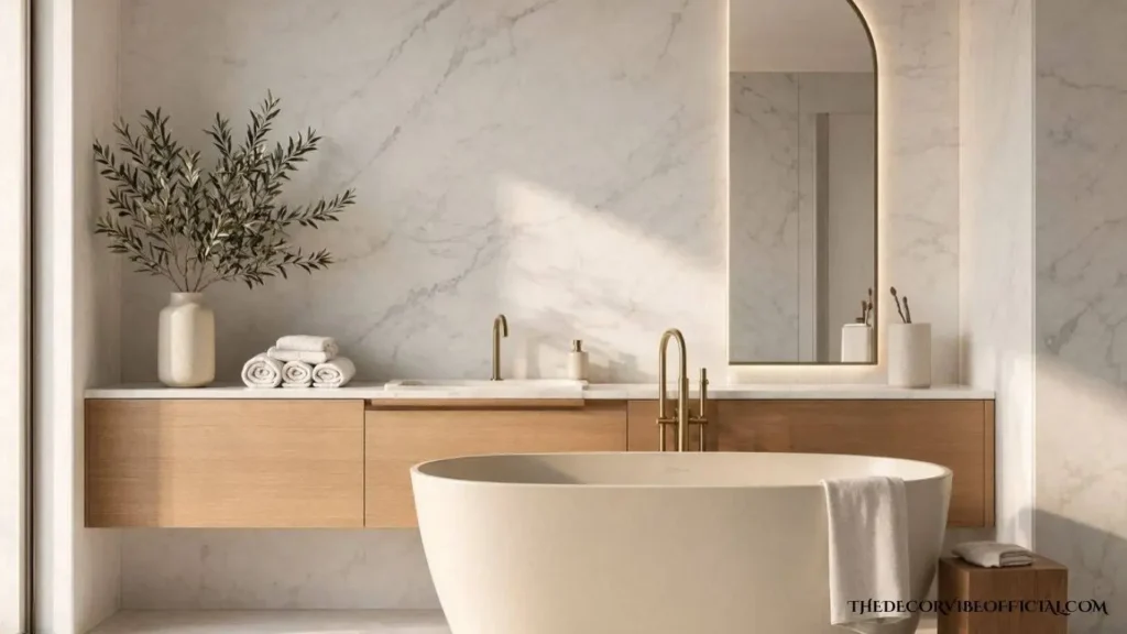 Luxury marble bathroom with a floating oak vanity, brass fixtures, and a freestanding soaking tub.
Bathroom Ideas
