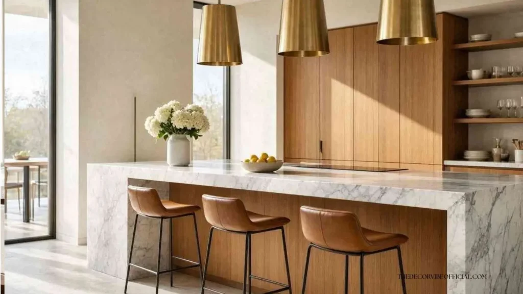 Luxury marble waterfall kitchen island with warm oak cabinets and brass pendant lights.