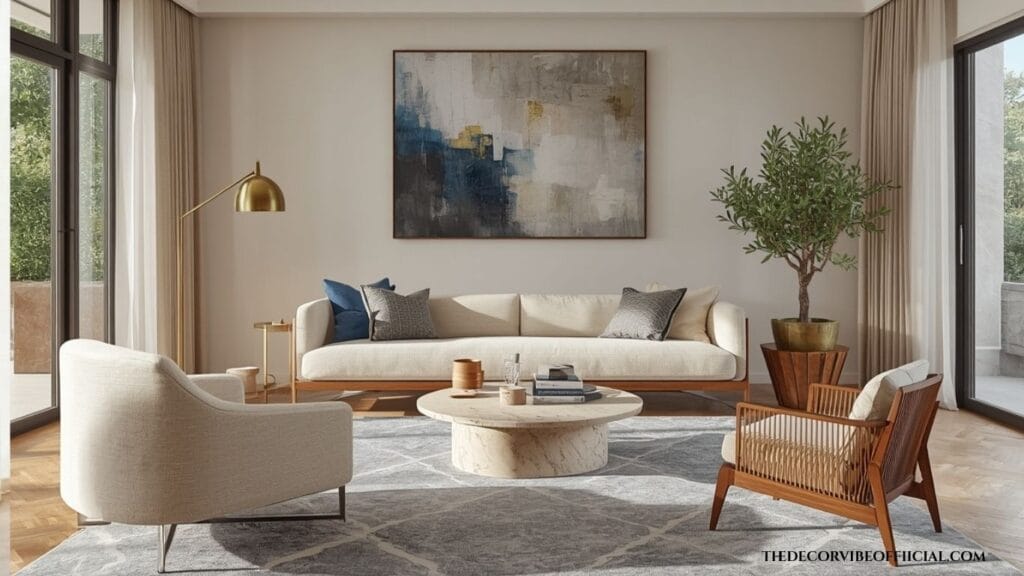 Elegant Mid-Century Modern living room with walnut furniture and contemporary styling.