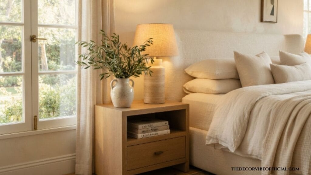 Minimalist bedroom nightstand styled with warm neutral decor and elegant lighting.
