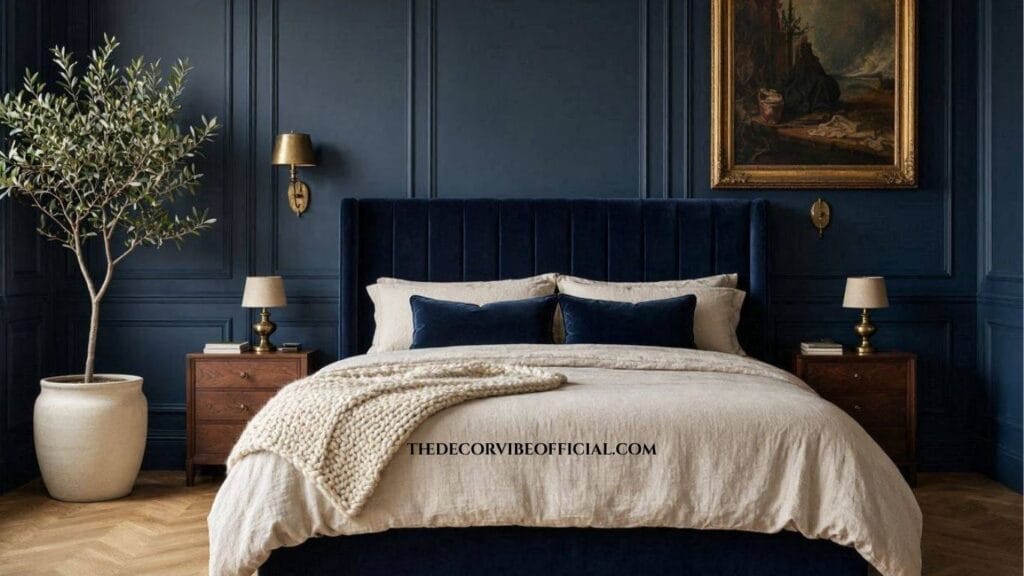 Luxury moody blue bedroom featuring navy paneled walls, velvet bed, layered linen bedding, brass lighting, and elegant boutique hotel styling.