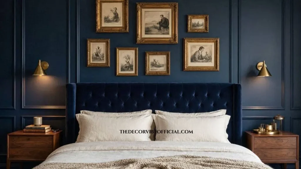 Luxury moody blue bedroom featuring a vintage gallery wall, navy paneled walls, and elegant brass lighting.