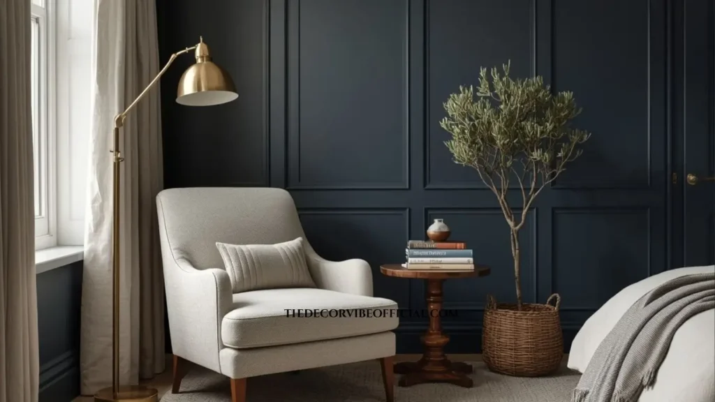 Cozy reading corner with a boucle chair, walnut table, brass lamp, and navy blue walls.