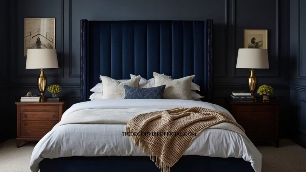 Luxury bedroom featuring a navy velvet bed, white linen bedding, brass lamps, and deep blue walls.
Moody Blue Bedroom Ideas