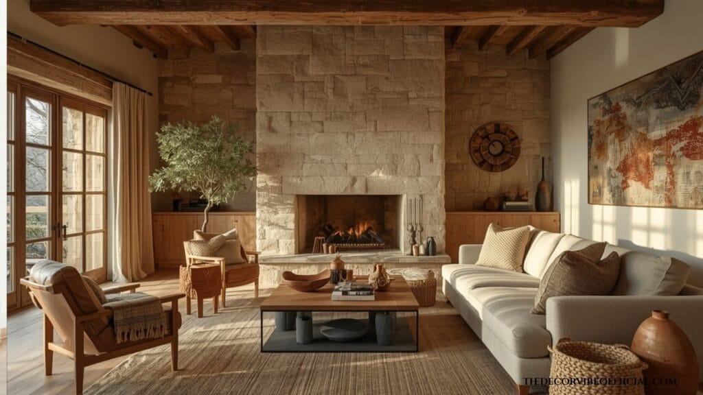 Luxury rustic living room with reclaimed wood, stone fireplace, and cozy neutral furnishings.