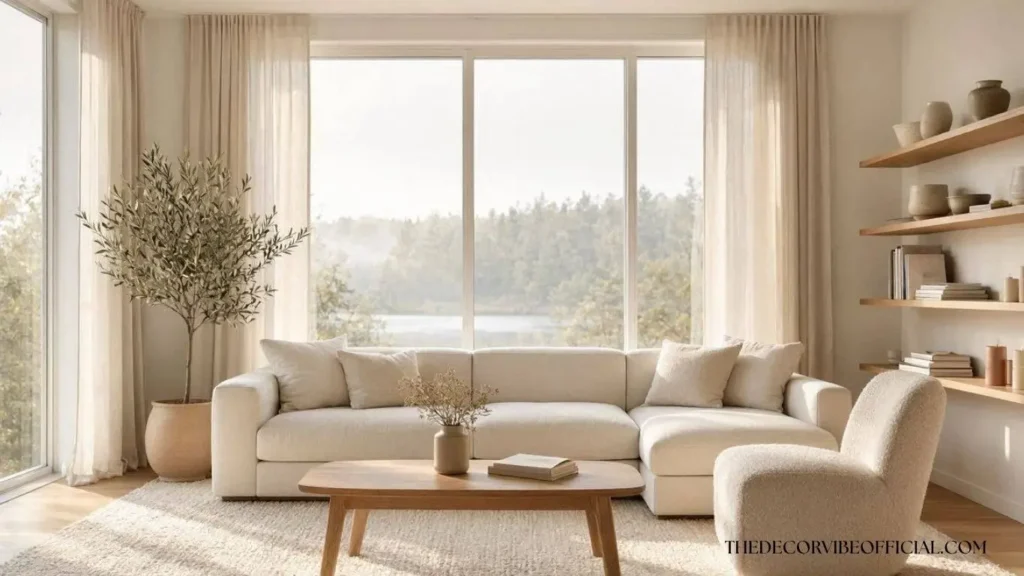 Luxury Scandinavian living room featuring a cream linen sofa, light oak furniture, olive tree, textured rug, soft natural lighting, and timeless Nordic interior design.