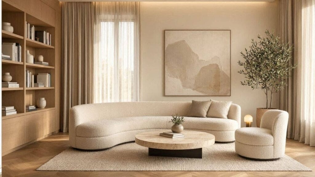 Small Living Room Decor Ideas featuring a luxury cream sofa, oversized artwork, floor-to-ceiling curtains, and quiet luxury styling.