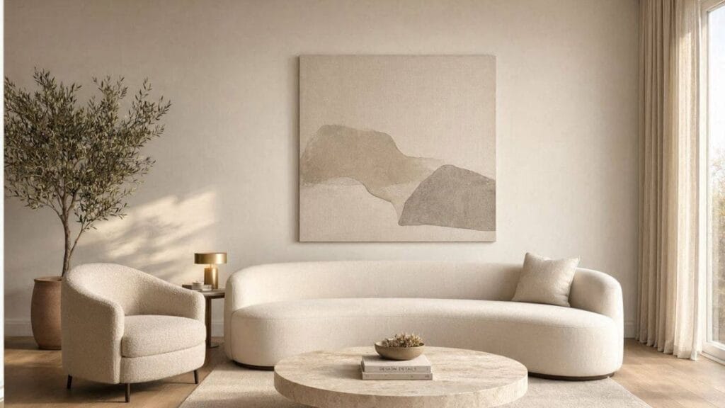 Oversized neutral artwork creating a luxury focal point in a small living room.