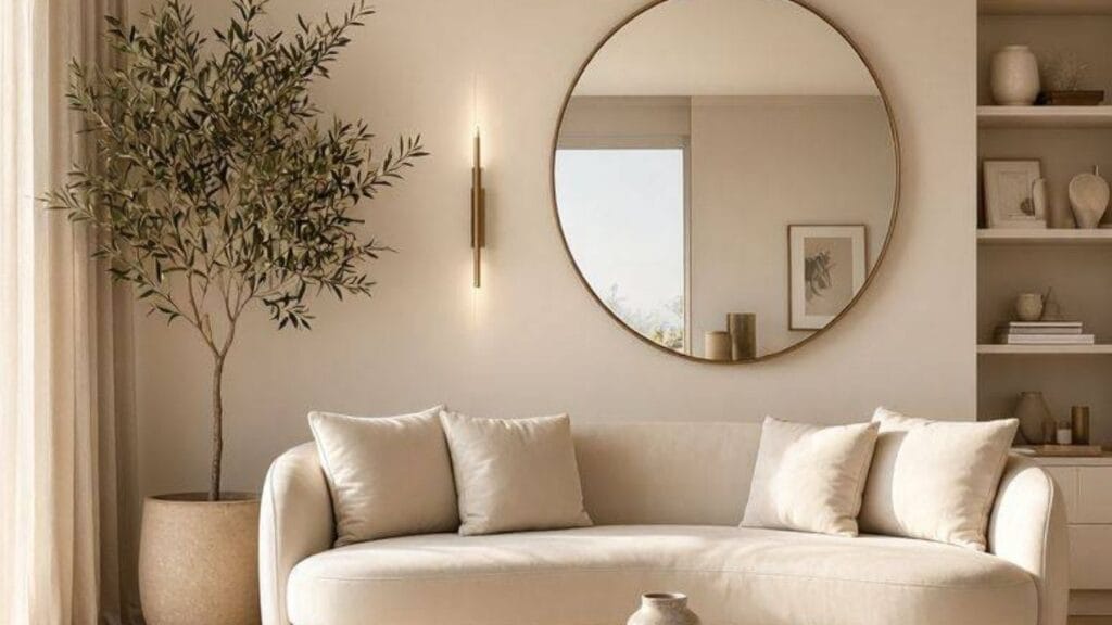 Luxury small living room with a curved cream sofa, oversized mirror, and quiet luxury decor ideas.