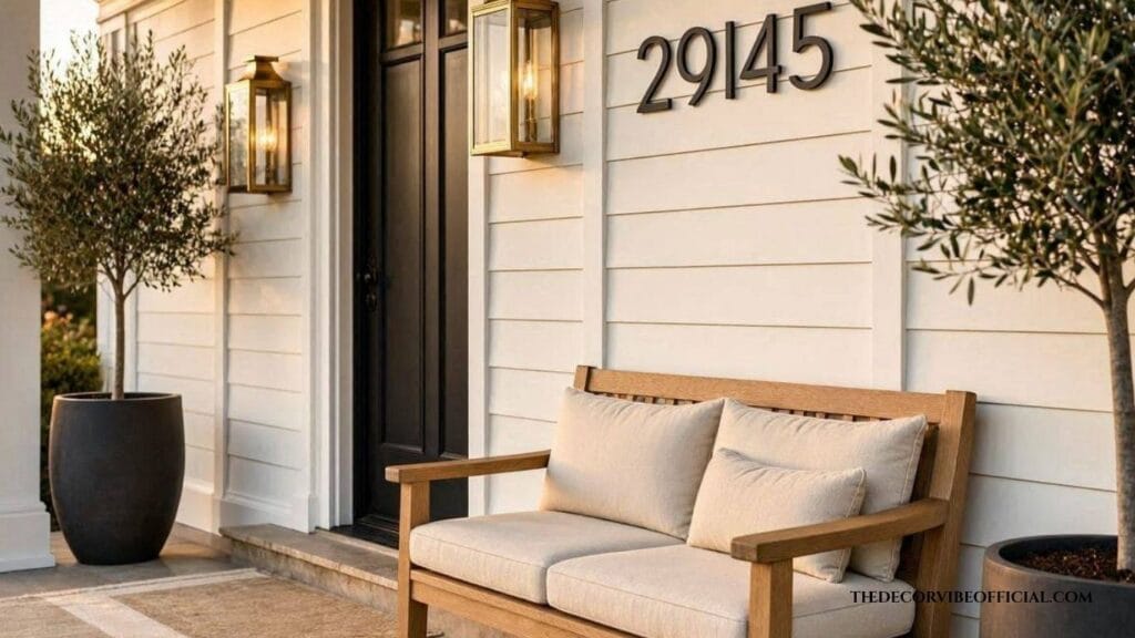 Small porch with modern floating house numbers, olive trees, and layered neutral decor.