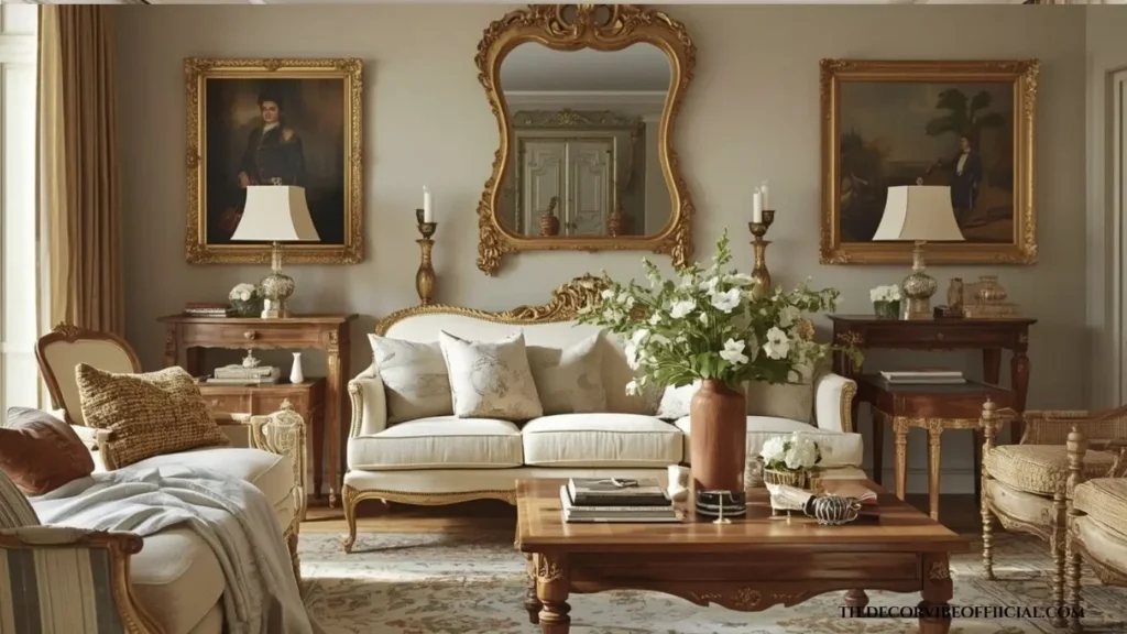 Luxury vintage living room featuring antique furniture and timeless elegant decor.