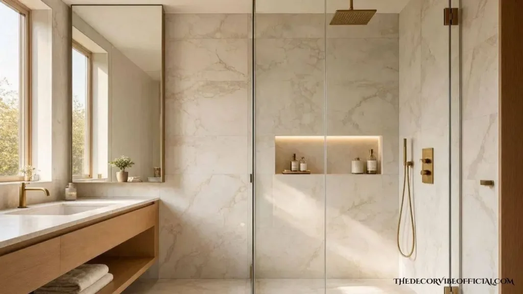 Luxury walk-in glass shower with marble walls, brass fixtures, and modern spa-inspired styling.