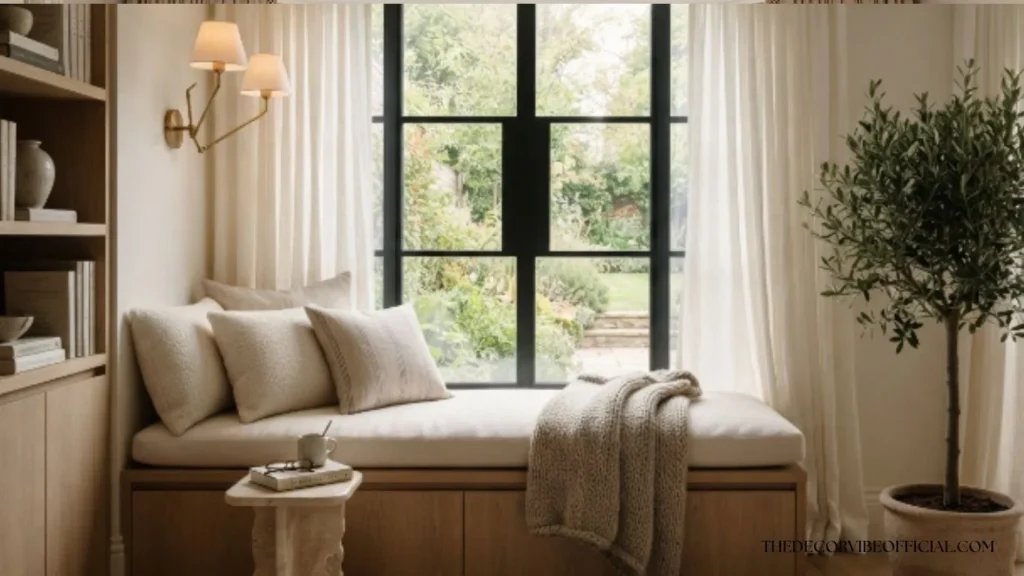 Elegant window reading nook with flowing linen curtains and layered neutral cushions.