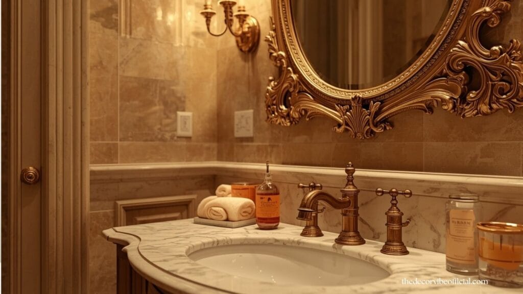 Antique bathroom with marble sink, brass fixtures, and elegant gold mirror