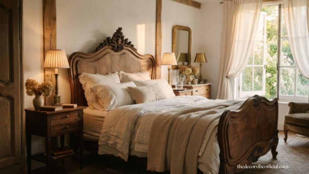 Antique bedroom with carved bed, soft linen bedding, and warm romantic lighting.