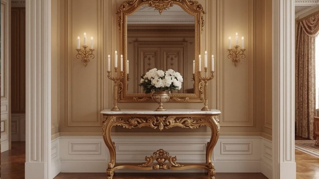 Antique entryway with gold mirror, console table, and elegant European decor.