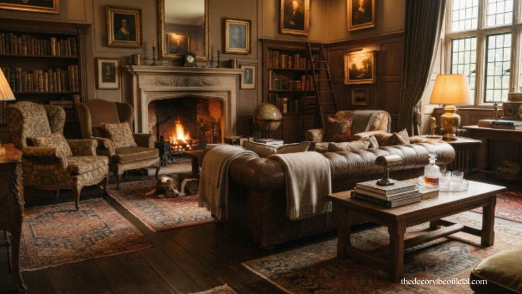 Antique layered rugs in luxury living room with warm textures.