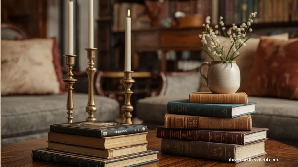 Antique home decor featuring vintage books and elegant tabletop styling.