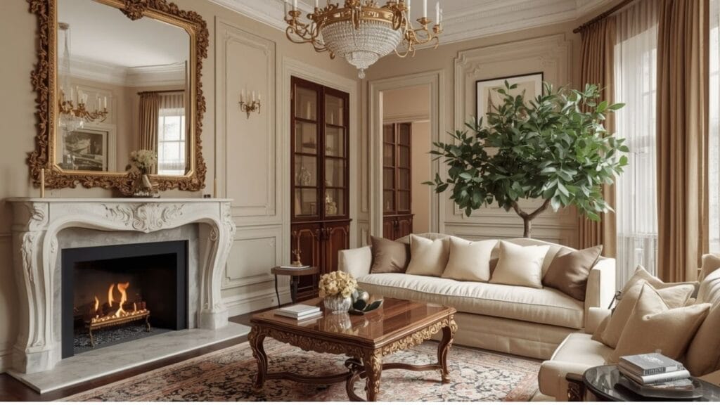 Luxury antique living room featuring an oversized gold mirror and timeless European decor.