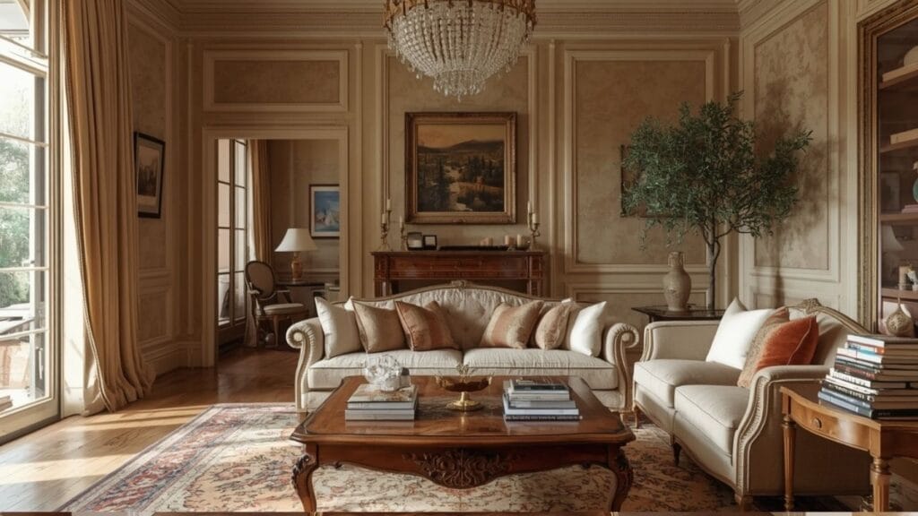 Antique living room with Persian rug, chandelier, and warm luxury styling.