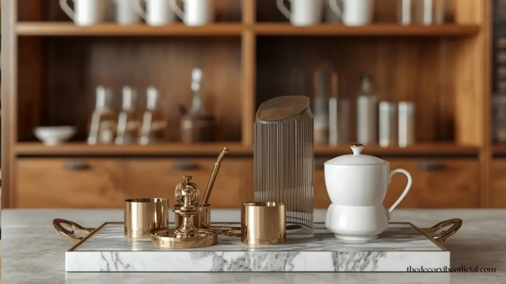 Marble coffee bar ideas for home featuring vintage brass accessories, white ceramic mugs, floating wooden shelves, and elegant modern styling.