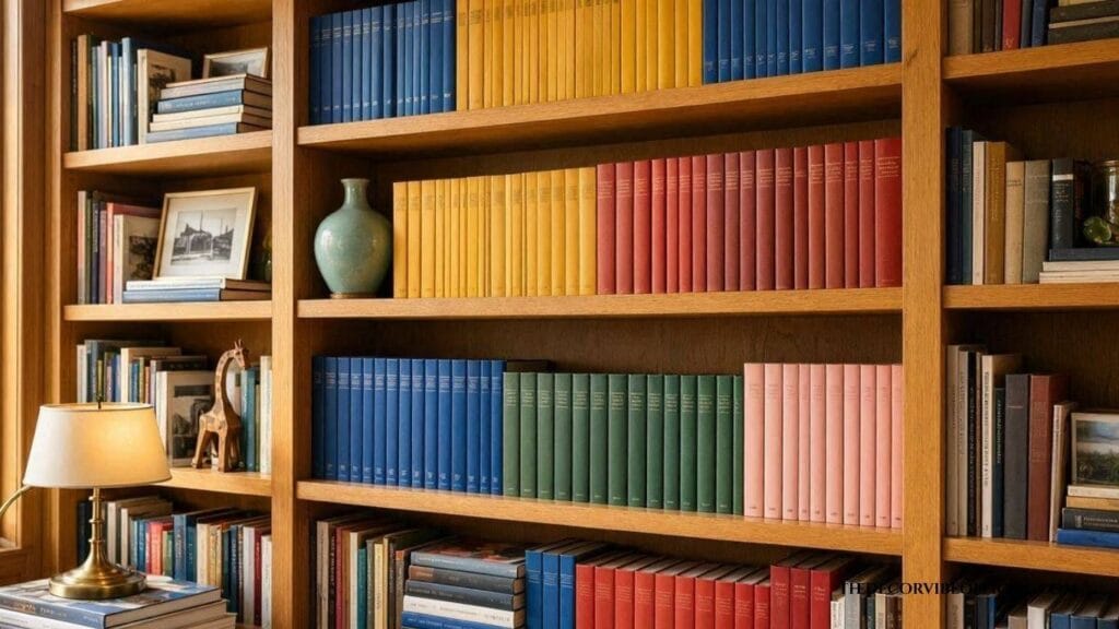 Maximalist bookshelf with color-blocked rainbow books, layered plants, decorative boxes, framed art, and mixed metallic accents creating visual interest