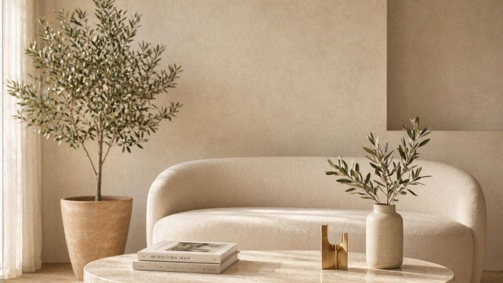 Minimalist luxury coffee table styling in a small living room with designer decor.