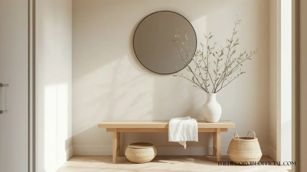 Minimal Scandinavian entryway with oak bench, round mirror, and woven storage baskets.