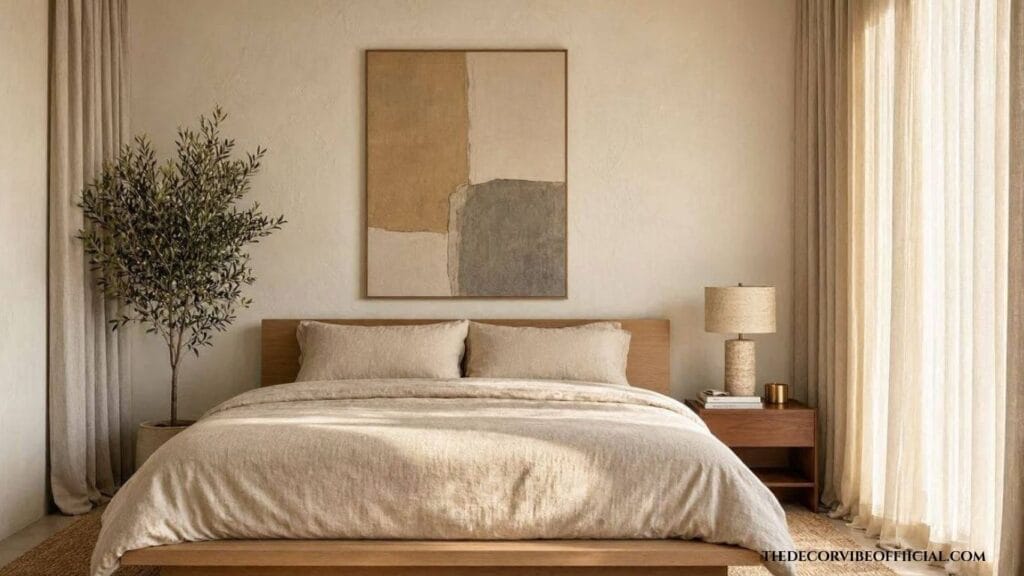 Cozy minimalist bedroom featuring natural oak furniture and soft neutral bedding.