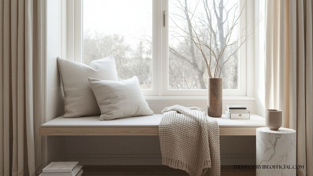 Minimalist luxury window reading nook with neutral textures and soft morning light.
Window Reading Nook Ideas 