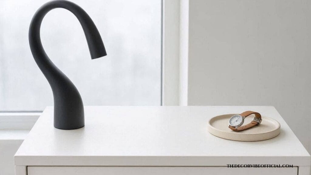 Minimalist aesthetic nightstand decor with sculptural lamp