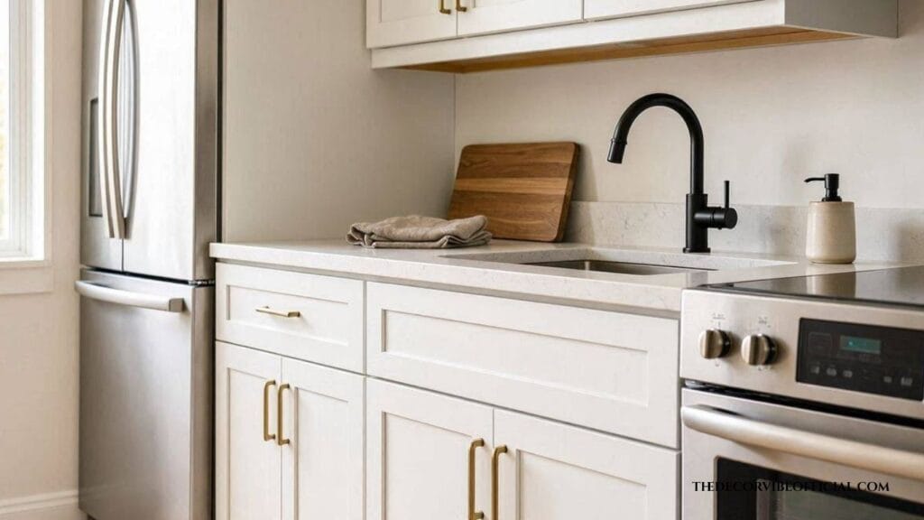 Close-up of brass drawer pulls next to brushed nickel cabinet hardware
Mixing metals in kitchen