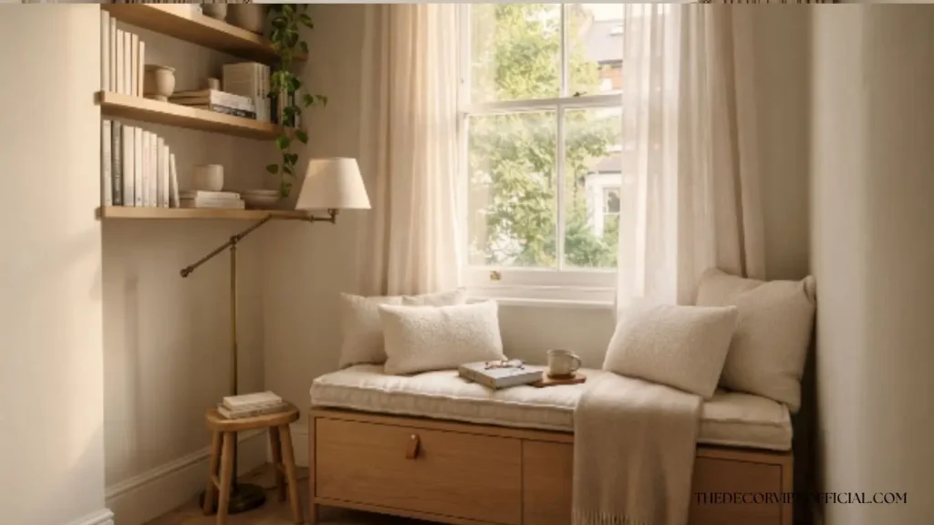 Small apartment window reading nook with a storage bench, floating shelves, and layered neutral cushions.