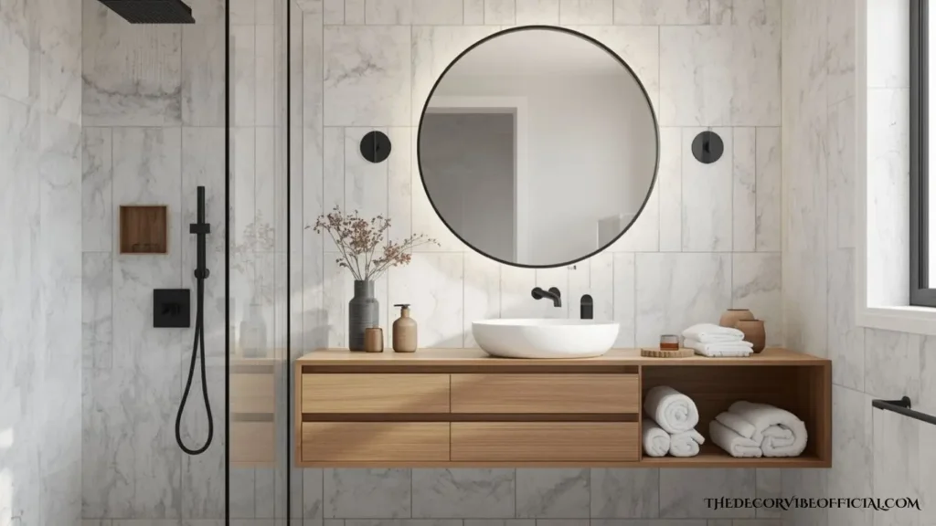 Modern luxury bathroom with black fixtures, floating oak vanity, and natural wood accents.